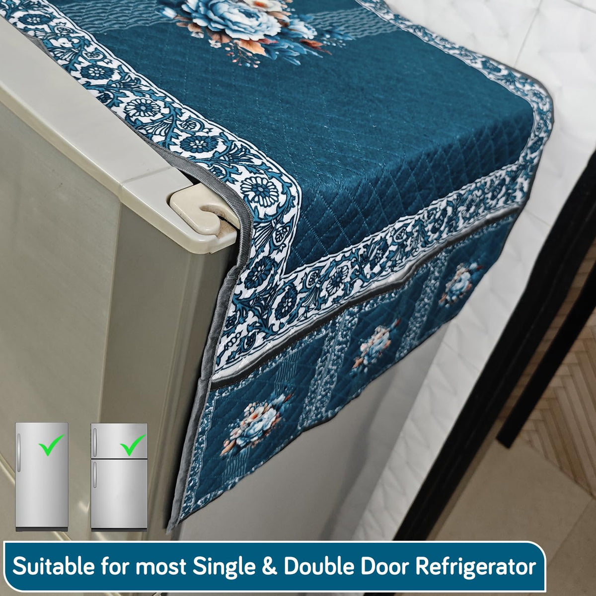 Eternal Floral Printed Quilted Fridge Top Cover with side Pockets - Ocean Blossom