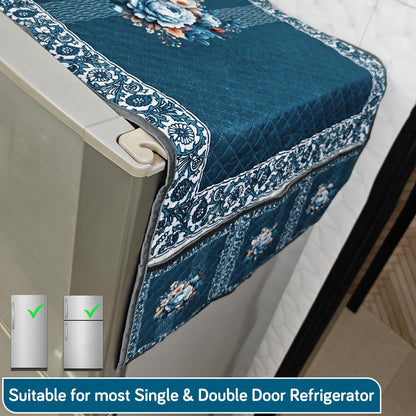 Eternal Floral Printed Quilted Fridge Top Cover with side Pockets - Ocean Blossom