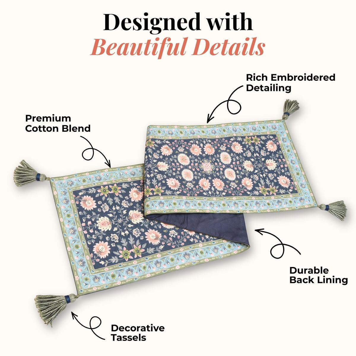 HOKIPO Floral Printed & Embroidered Table Runner, Charcoal Sage - image 3