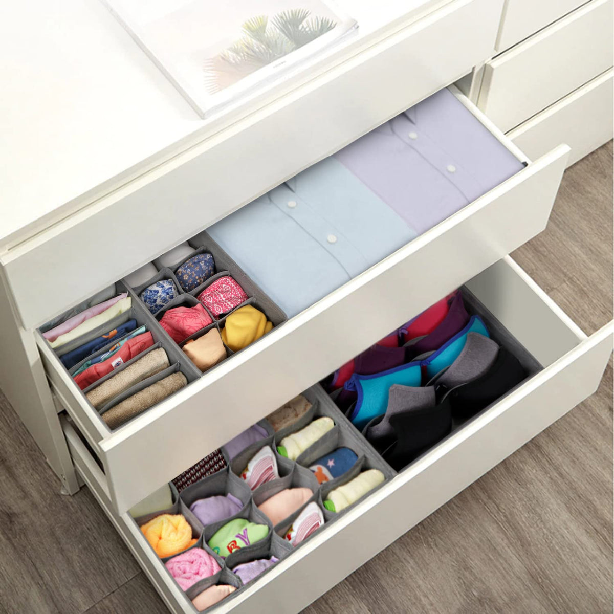 4 Pcs Undergarment Organizer Storage Box for Drawers Bra Panty Socks Tie Lingerie Organizer for Wardrobe, 24x8x7x6 Grid ,inside, Non-Woven Fabric, Grey