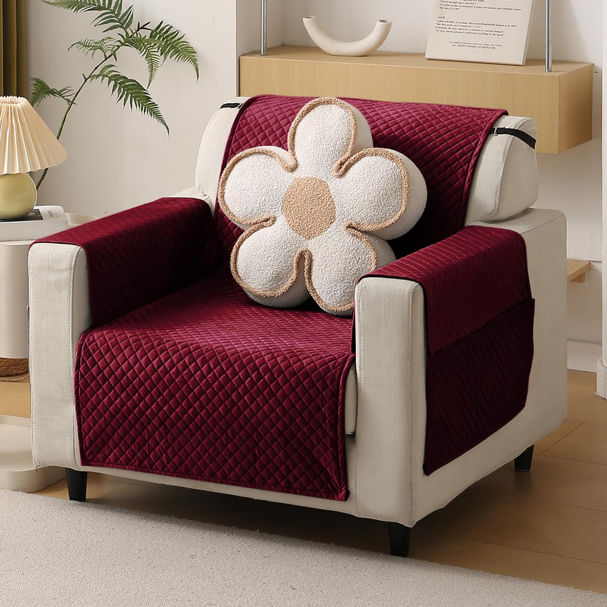 Quilted Velvet Sofa Cover Mat with Side Pockets, Pet Friendly, Sangria Red