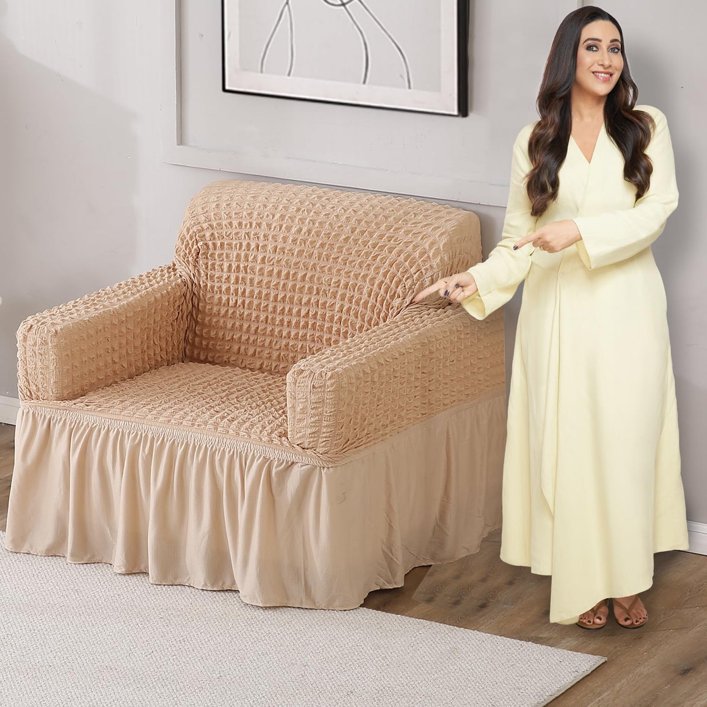 Beige Stretchable Turkish Bubble Frill 1 seater sofa cover