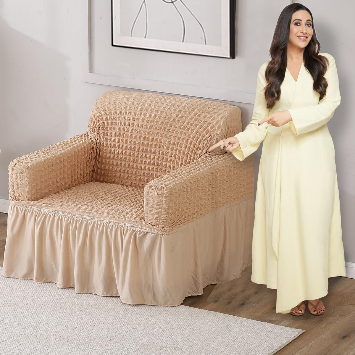 Beige Stretchable Turkish Bubble Frill 1 seater sofa cover