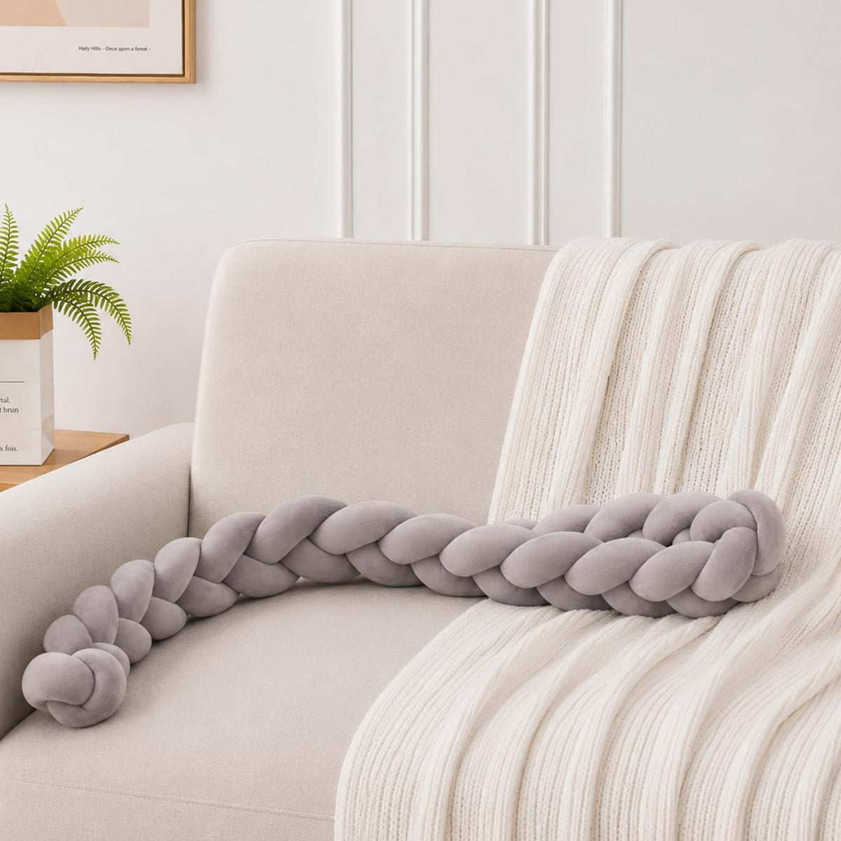 HOKIPO Braided Knot Chain Pillow for Sofa & Bed, 200 cm, Grey