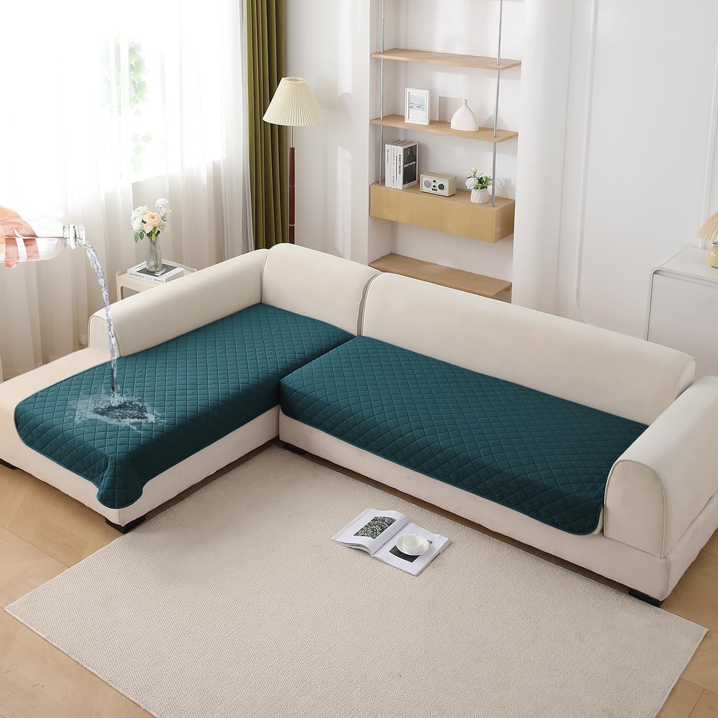 HOKIPO Waterproof Quilted Quick Dry L Shape Sofa Seat Cover Mat, Peacock Blue