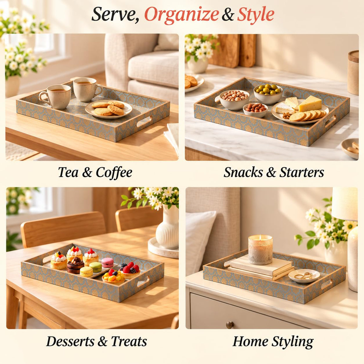 HOKIPO Serving Tray Set of 3, Engineered Wood, Shahi Gulnaar - image 5
