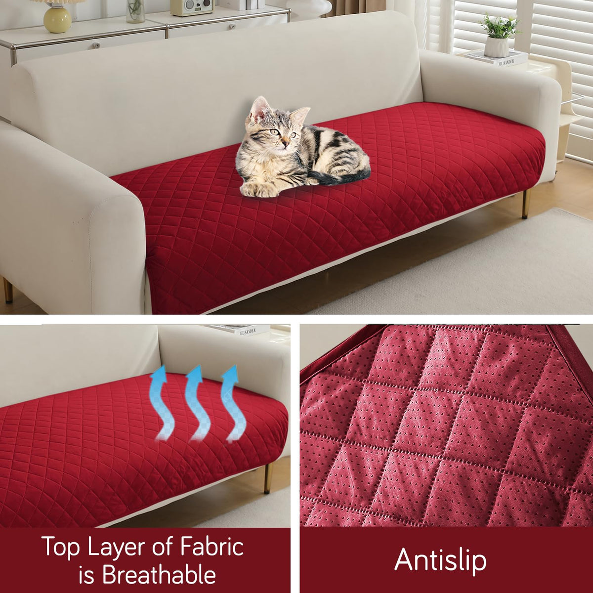 Waterproof Anti-Slip Quick Dry Sofa Seat Mat for 1/2/3 Seater, Red