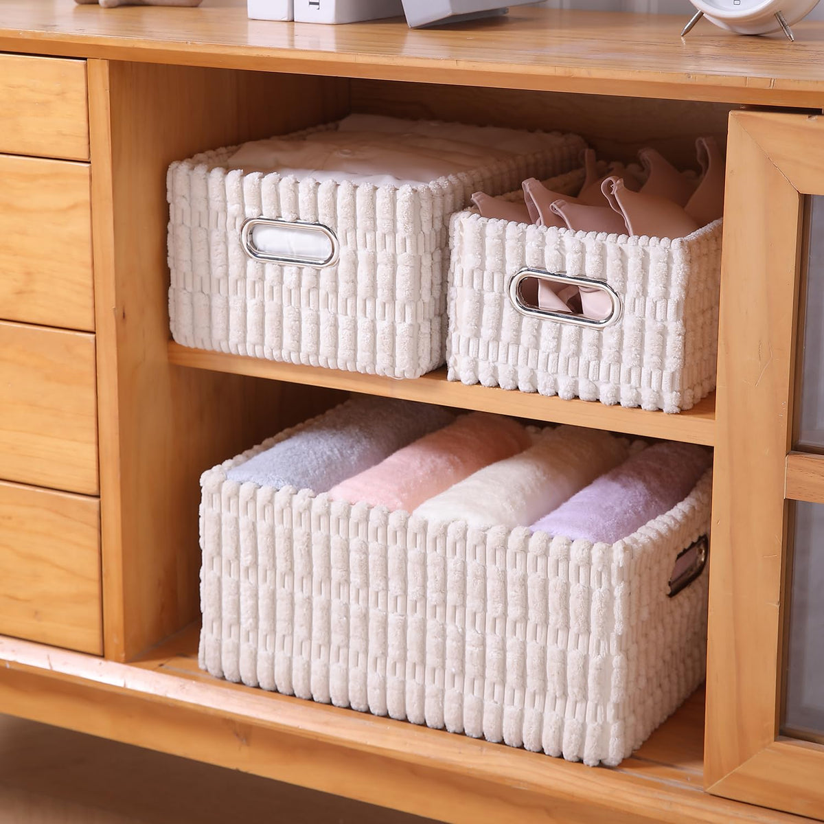 Plush Storage Organizer Baskets for Storage, Set of 3, Cream