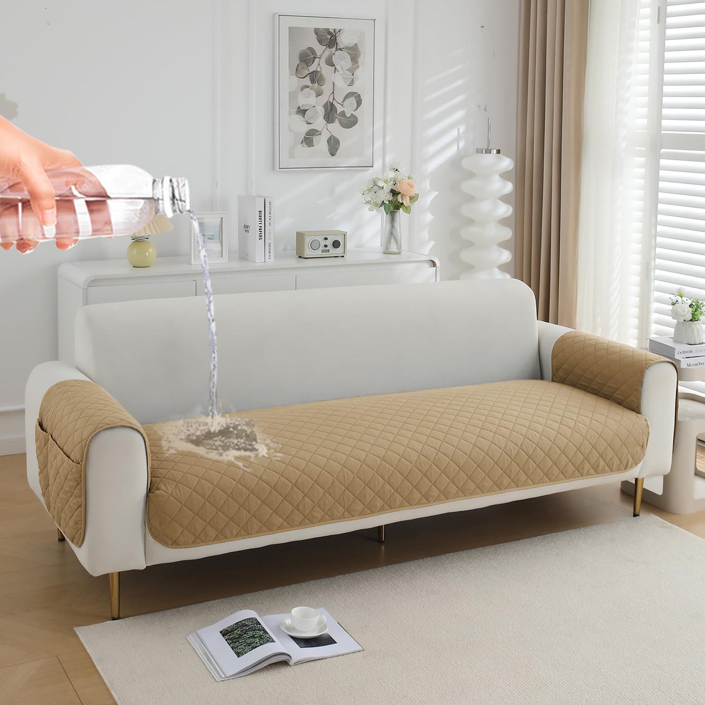 HOKIPO Quilted Waterproof Sofa Seat Mat with 2 Armrest Covers with Pockets, Camel