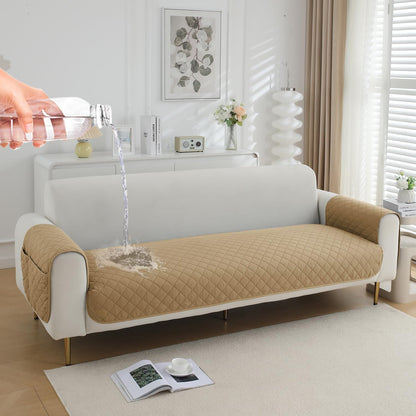 HOKIPO Quilted Waterproof Sofa Seat Mat with 2 Armrest Covers with Pockets, Camel
