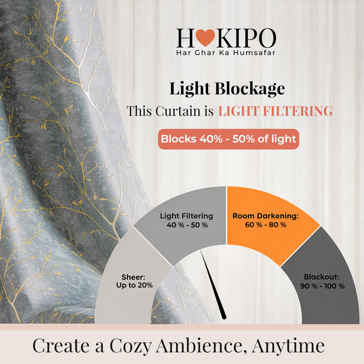 HOKIPO Shimmer Foil Printed Curtains, 7 Feet Long - Grey - image 5