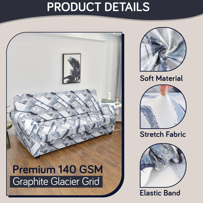 Printed Stretchable Sofa Slipcover with 1/2/3 Pc Separate Seat Cushion Cover for each 1/2/3 Seater, Graphite Glacier Grid