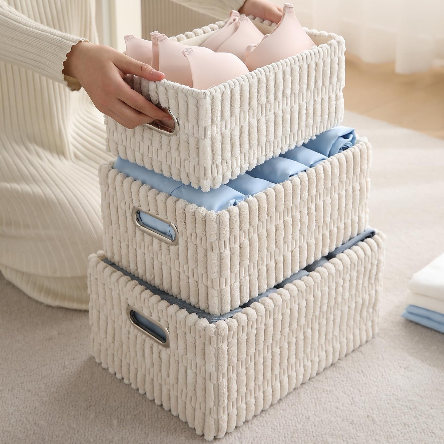 Plush Storage Organizer Baskets for Storage, Set of 3, Cream