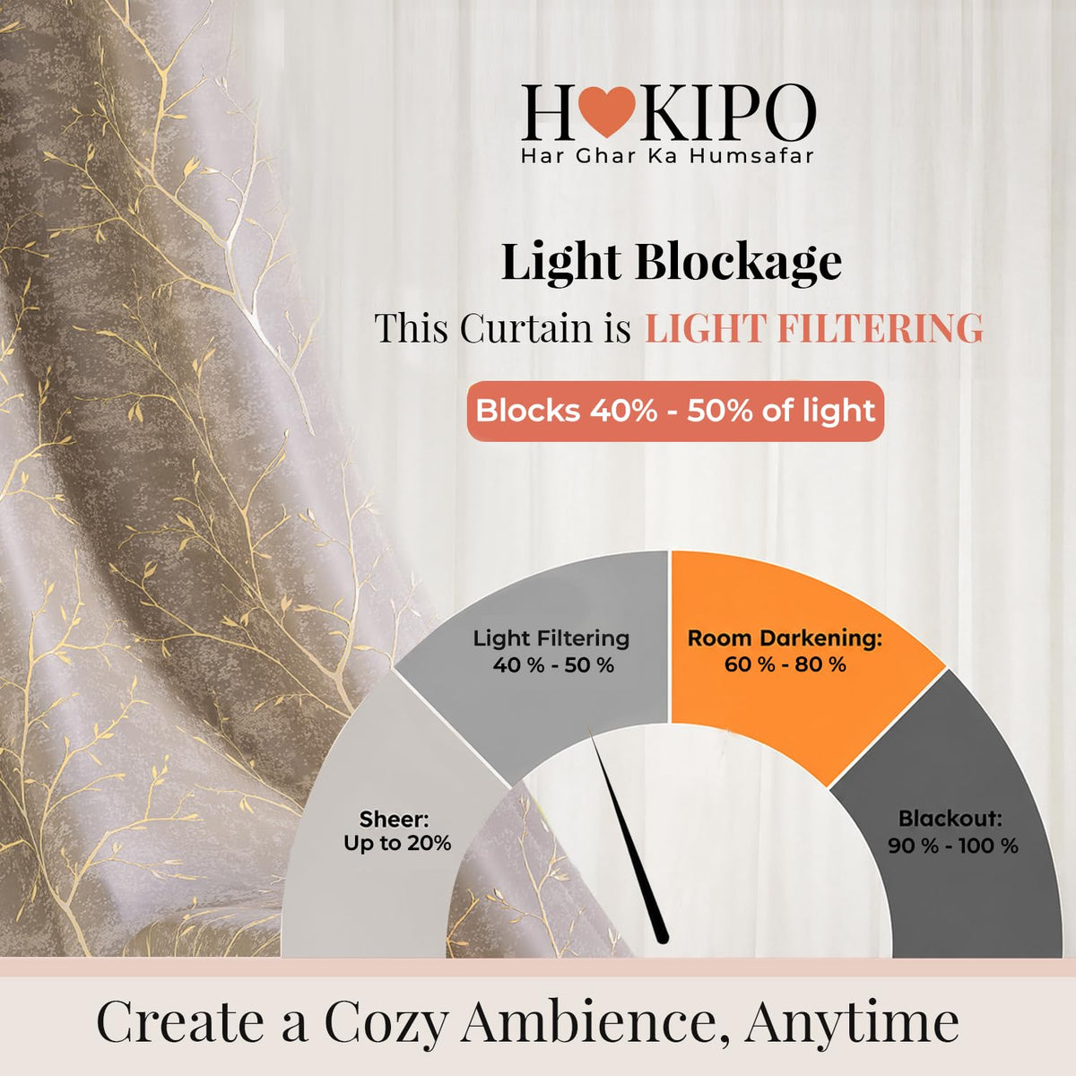 HOKIPO Shimmer Foil Printed Curtains, 7 Feet Long - Taupe - image 5