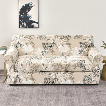 Printed Stretchable Sofa Slipcover with 1/2/3 Pc Separate Seat Cushion Cover for each 1/2/3 Seater, Beige Vintage Peony