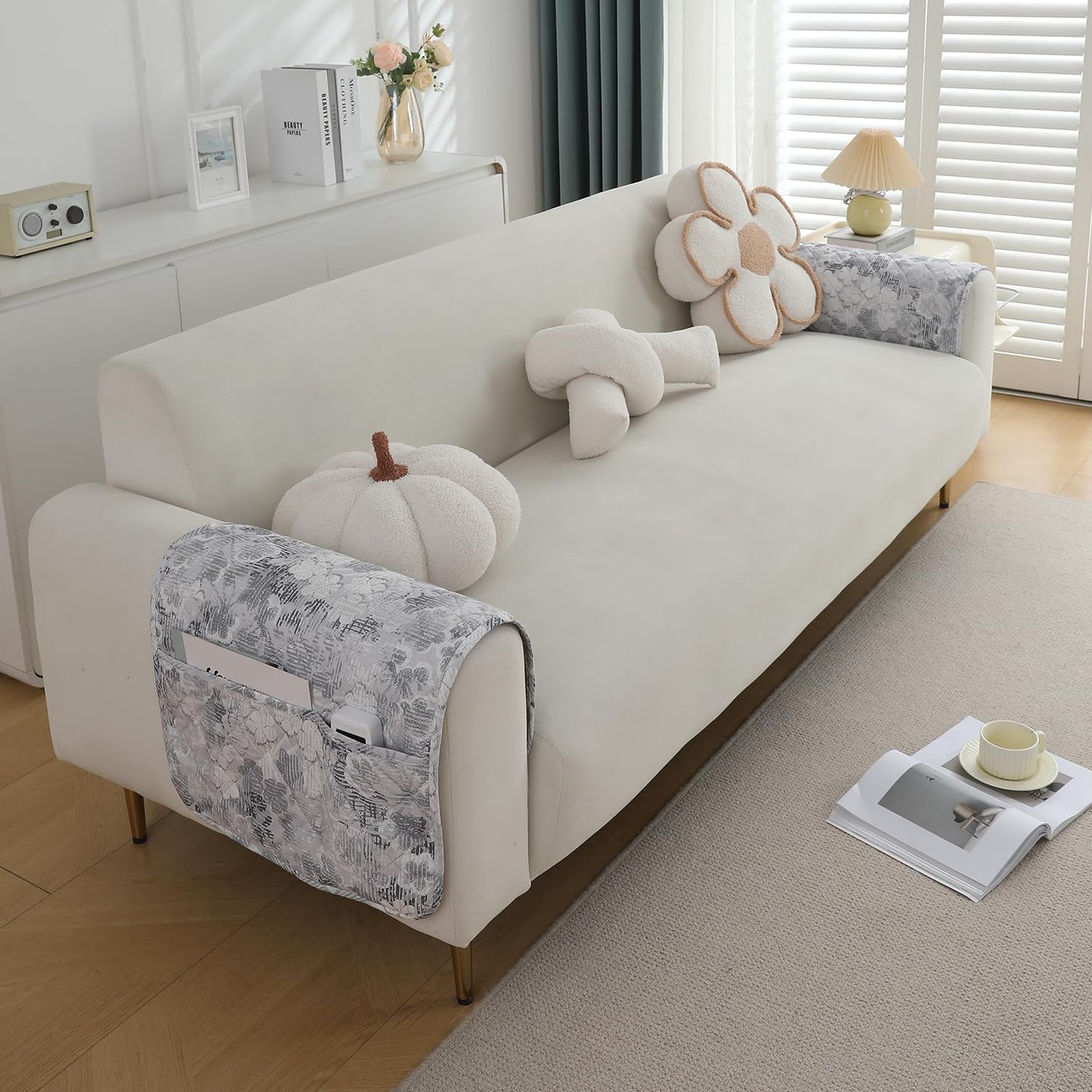 Quilted, Waterproof and Anti-Slip Sofa Cover Mat, Abstract Pale Grey