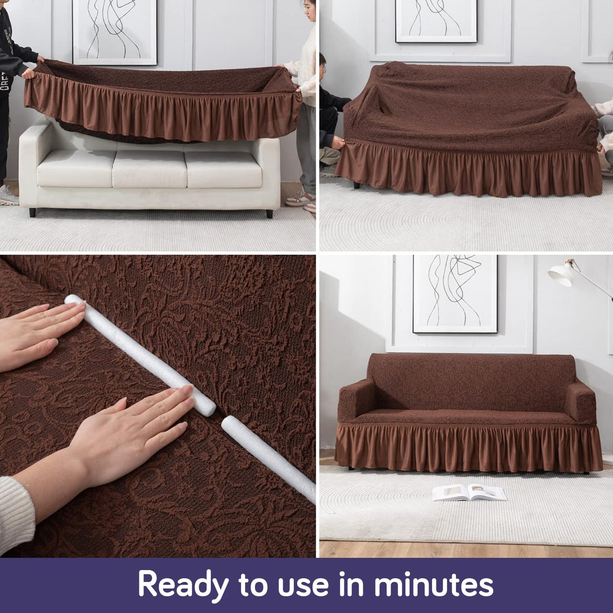 Elastic Stretchable Designer Woven Jacquard Sofa Cover with Frill , Pecan Brown