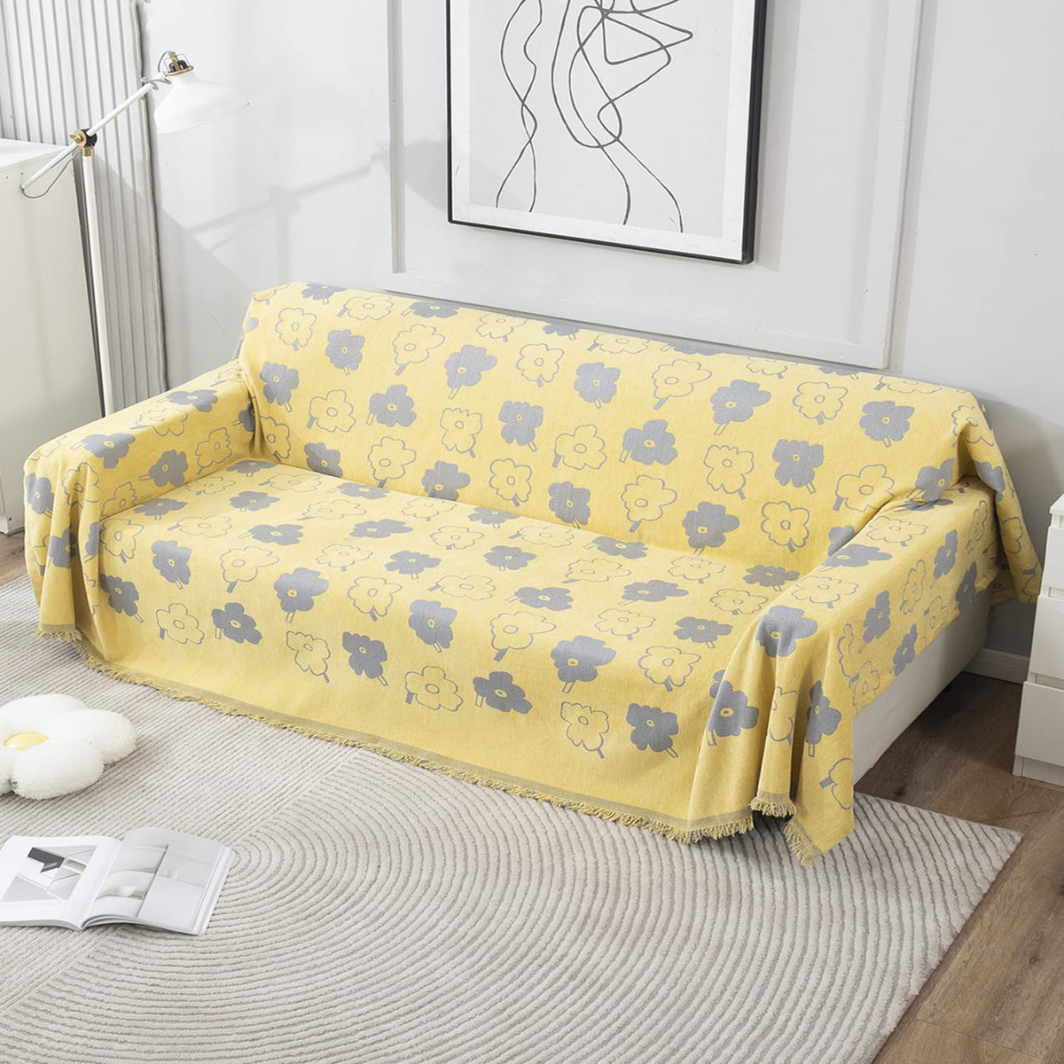 Thick, Soft and Pet Friendly Chenille Sofa Cover Throw, Yellow Floral