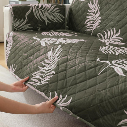 Quilted Waterproof Sofa Cover Mat with Pockets on Armrest Cover - Palm Leaves Olive