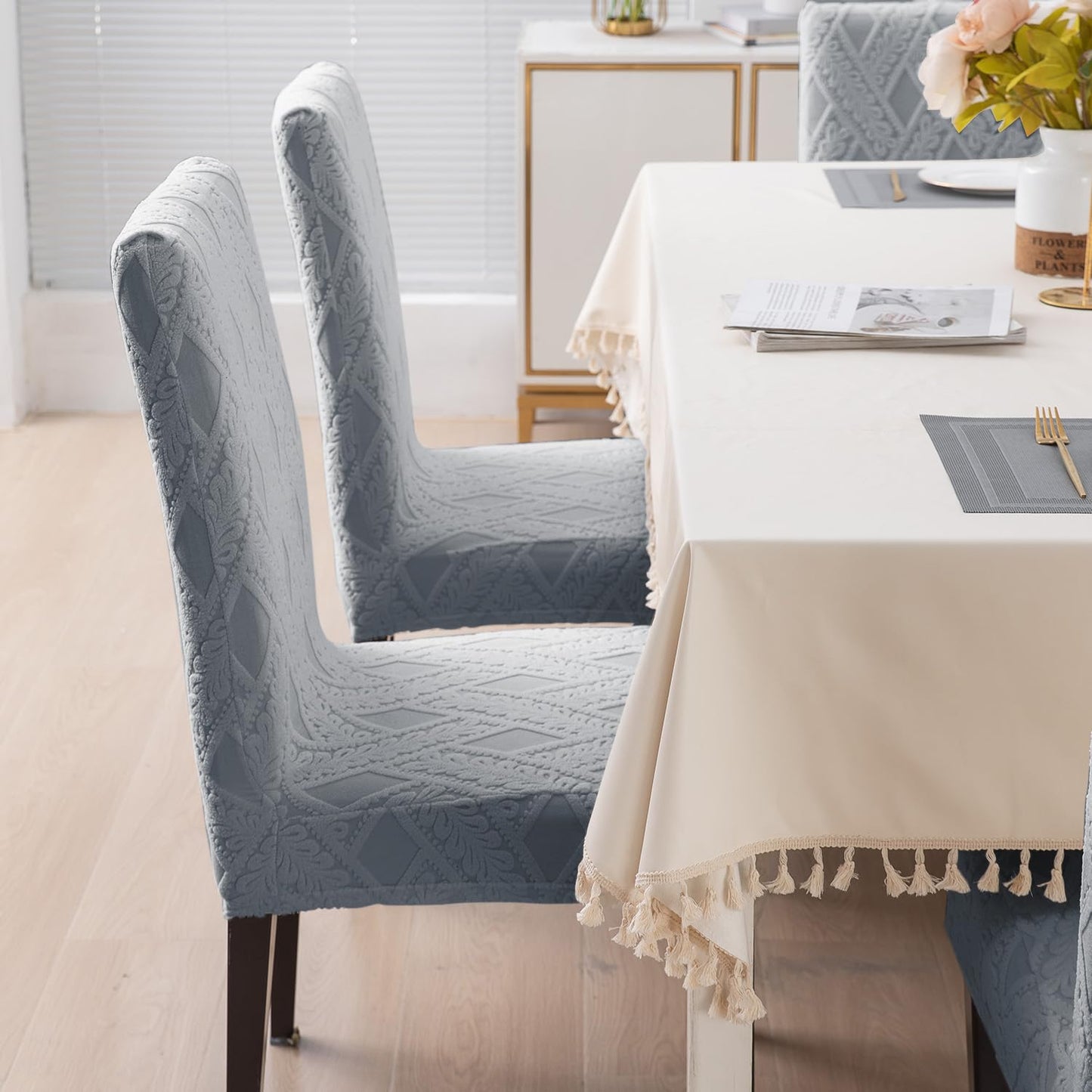 Chair Cover Set of 1/2/4/6, 190 GSM Jacquard, Light Grey