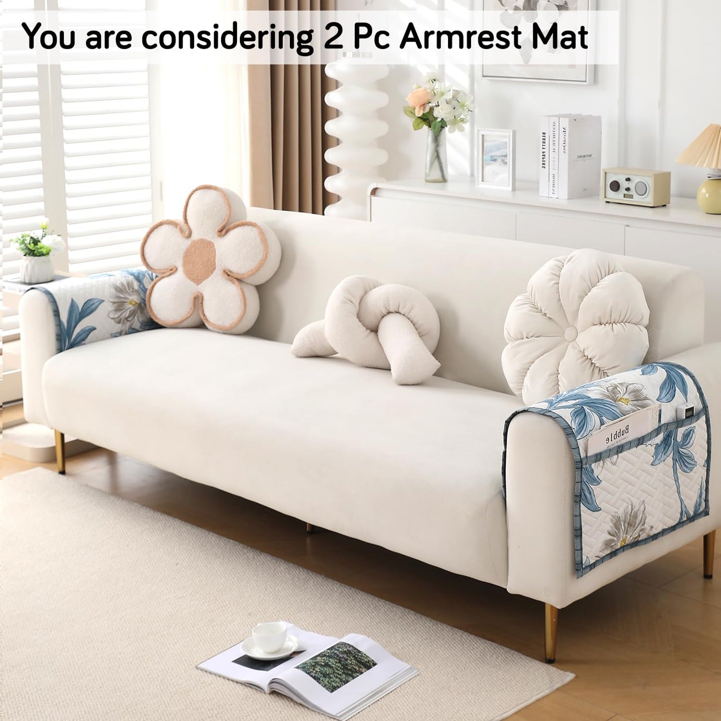 Printed Quilted Sofa Cover Mats, Celadon Blue Camellia
