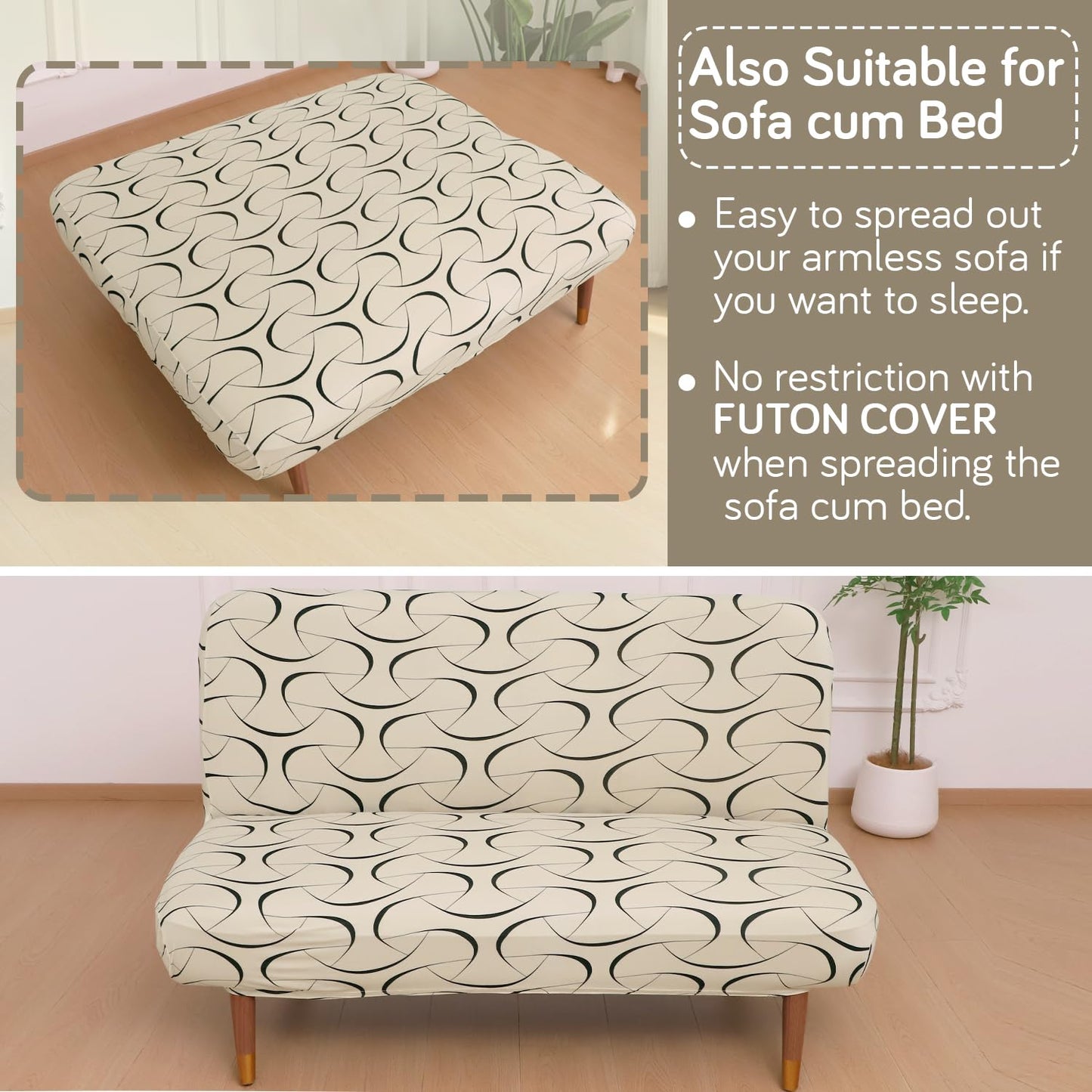 Elira Series Stretchable Elastic  Armless Sofa Cover – 140 GSM, Futon Slipcover, Easy Fit, Natural Beige Abstract Art