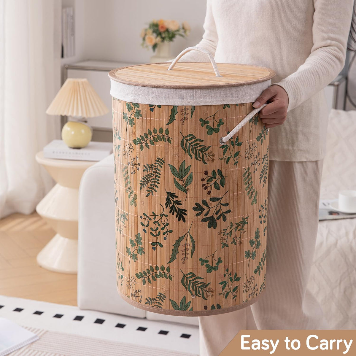 Eco-Friendly Foldable Bamboo Laundry Basket Hamper with Lid, Large, 61 Litre, Fern Leaves