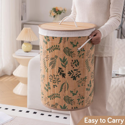 Eco-Friendly Foldable Bamboo Laundry Basket Hamper with Lid, Large, 61 Litre, Fern Leaves