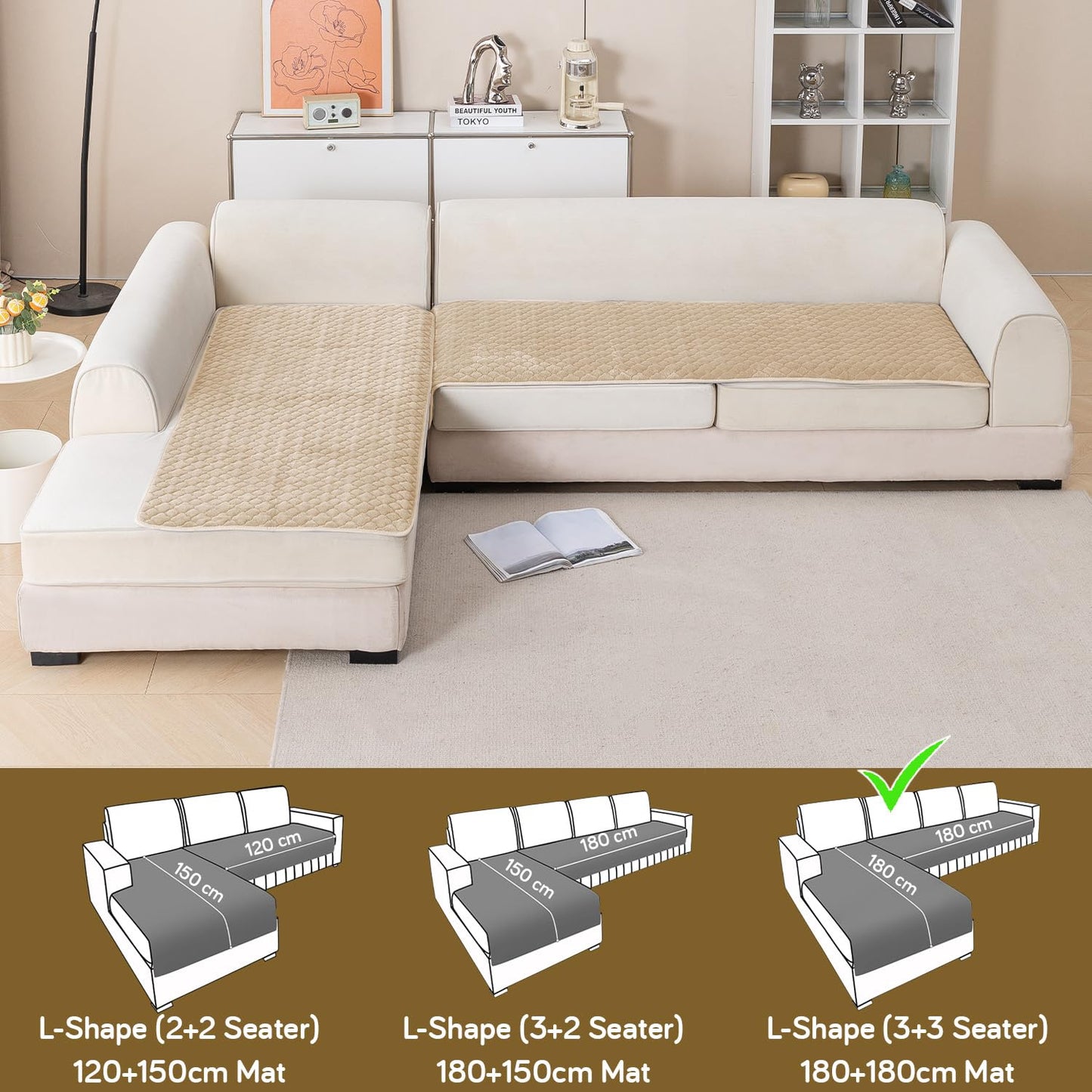 Diamond Plush Premium Quilted L Shape Sofa Cover Seat Mat, Beige