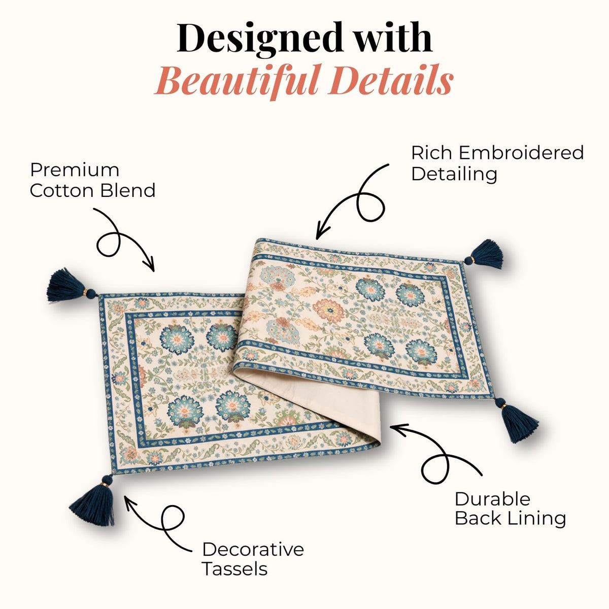 HOKIPO Floral Printed Table Runner with Embroidered Details, Ivory & Blue - image 3