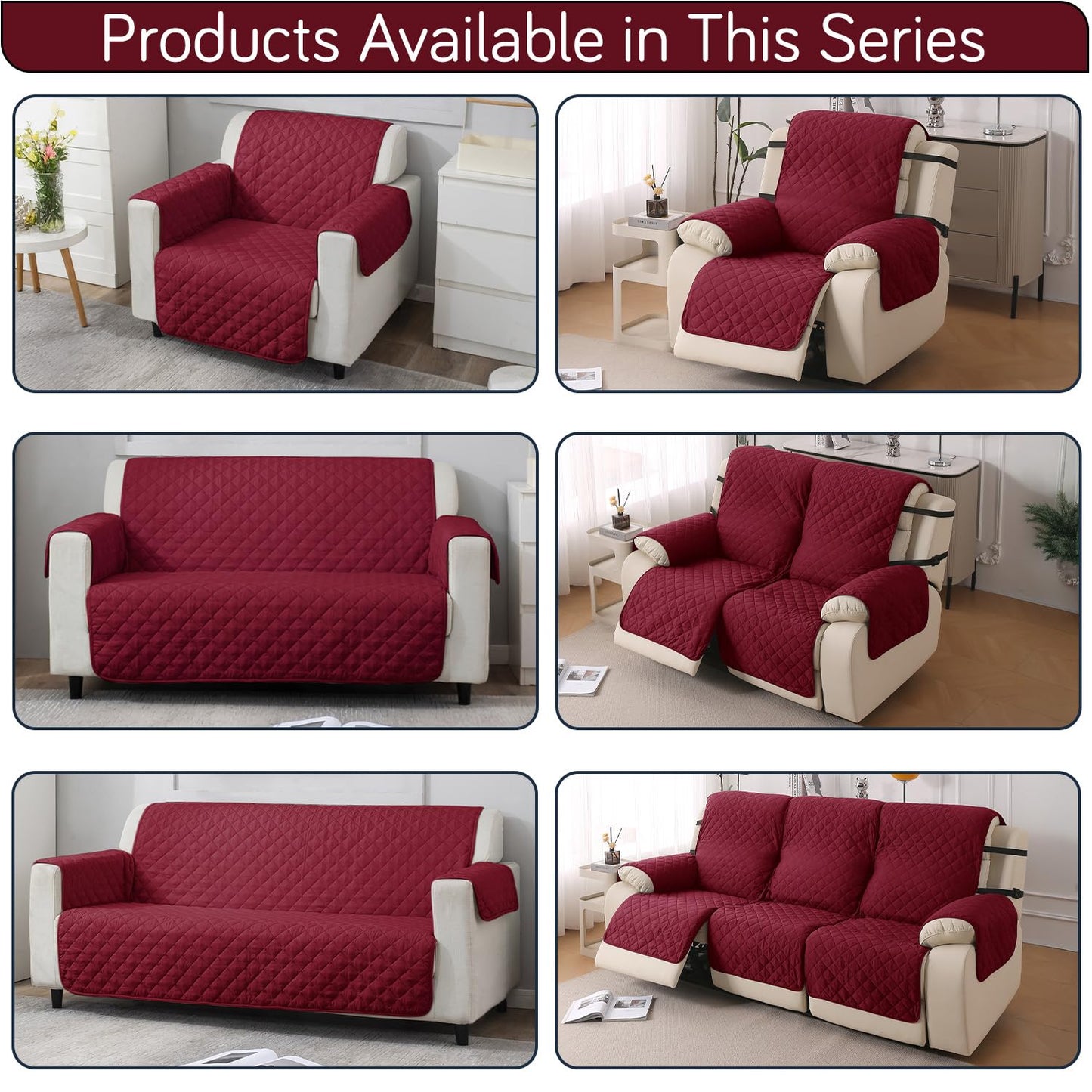 UrbanQuilt Recliner Sofa Slipcover Mat with Dual Belt for 1/2/3 Seater - Maroon