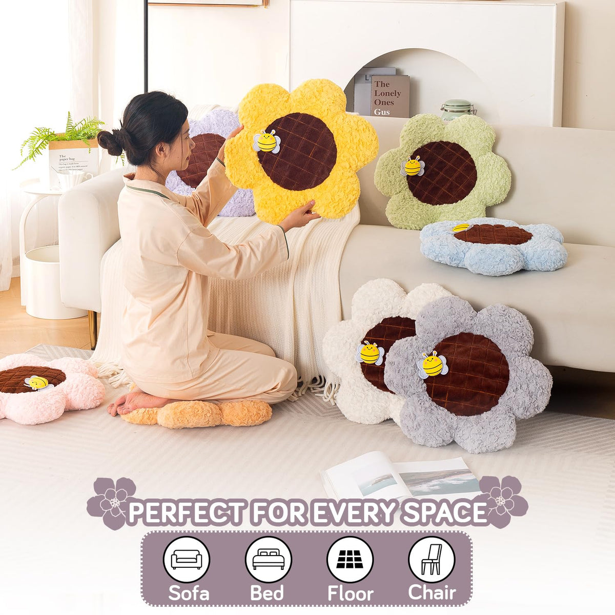 HOKIPO Sunflower Bee Cushion for Sofa & Bed, 50 cm, Grey