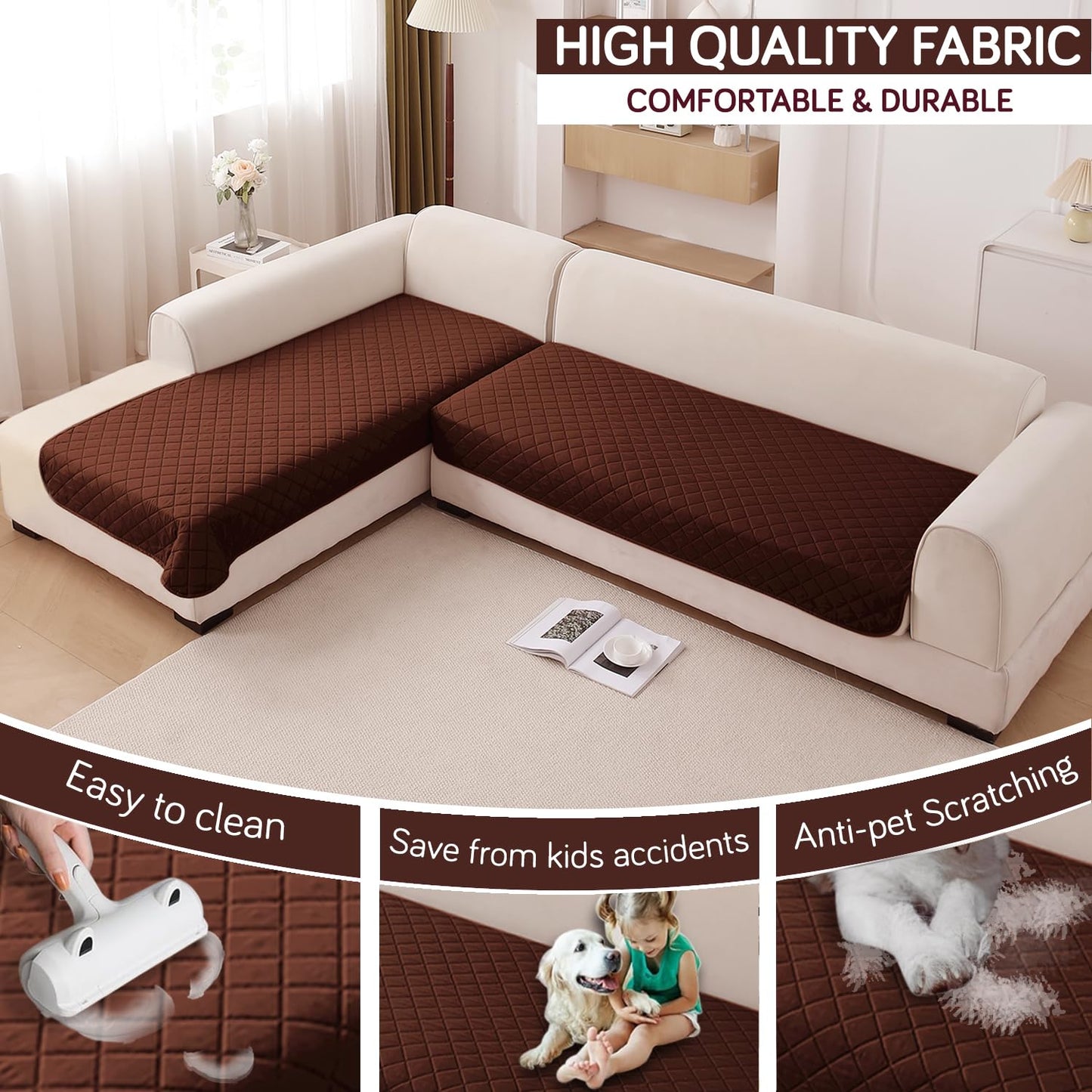 HOKIPO Waterproof Quilted Quick Dry L Shape Sofa Seat Cover Mat, Brown