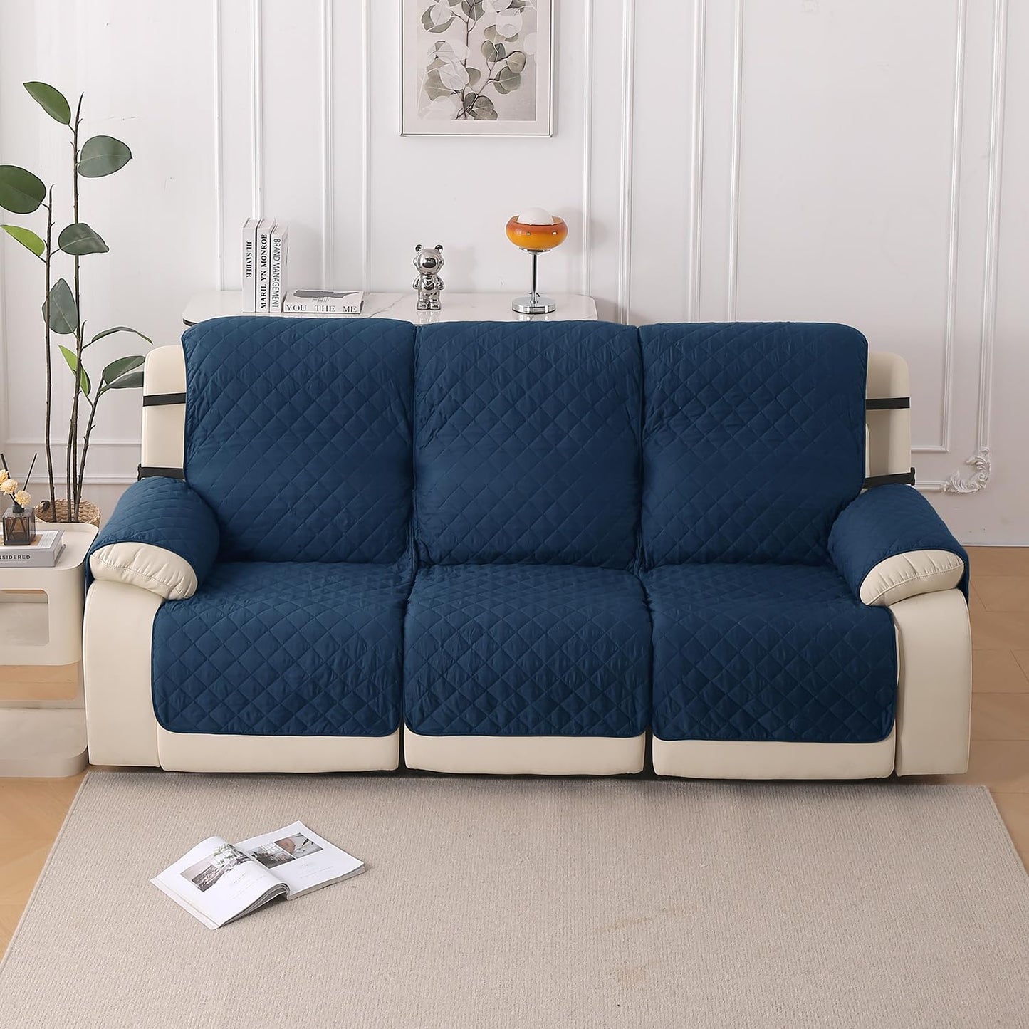 UrbanQuilt Recliner Sofa Slipcover Mat with Dual Belt for 1/2/3 Seater - Navy Blue
