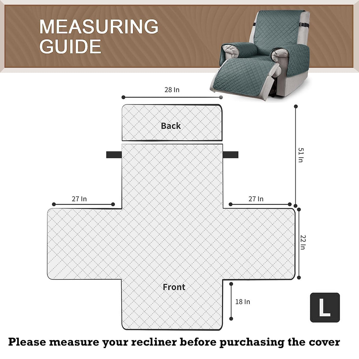 Quilted Recliner Chair Cover With Side Pockets for 1 Seater Sofa, Dark Grey