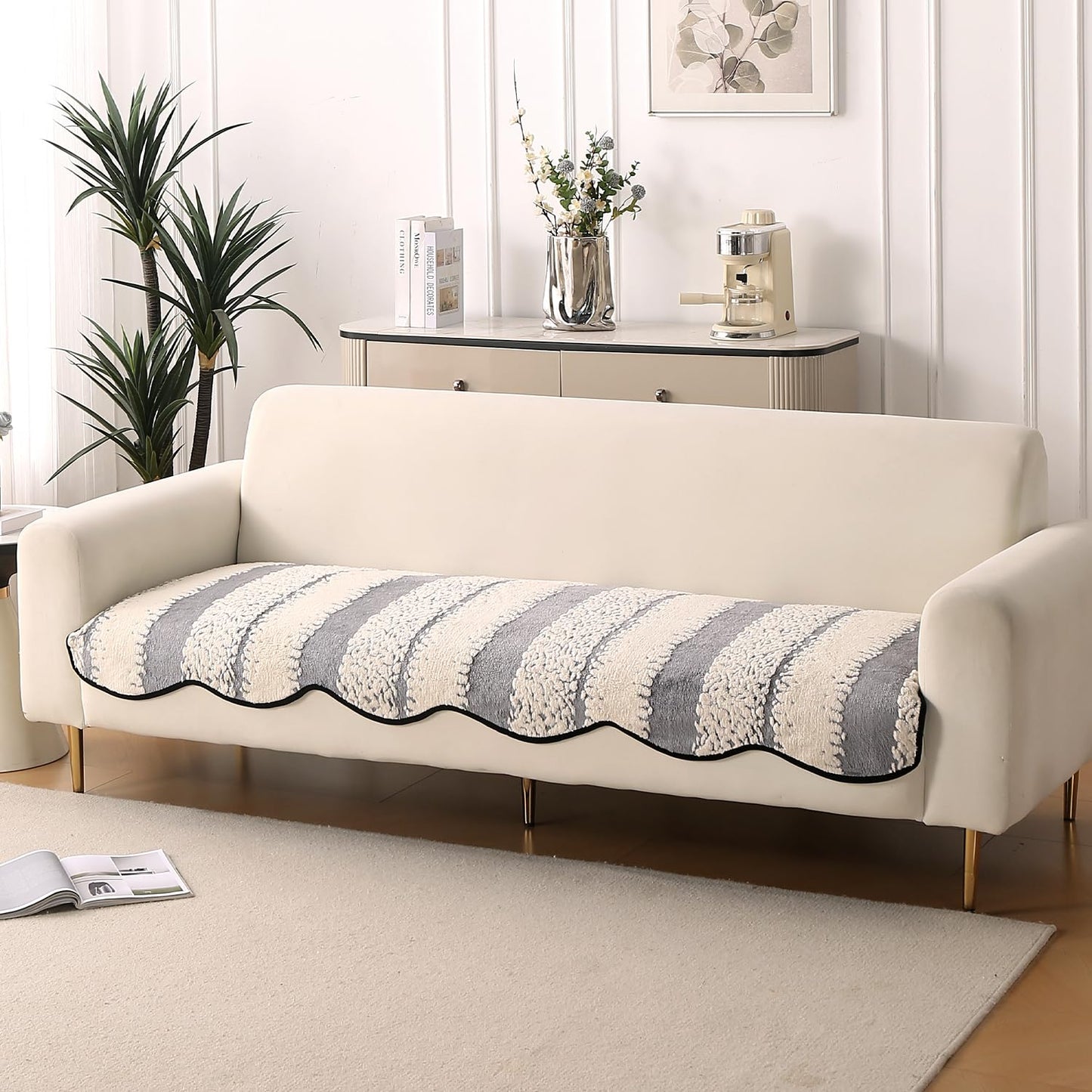 Luxury Wavy Anti Slip Plush Sofa Cover Mat, Pewter Grey
