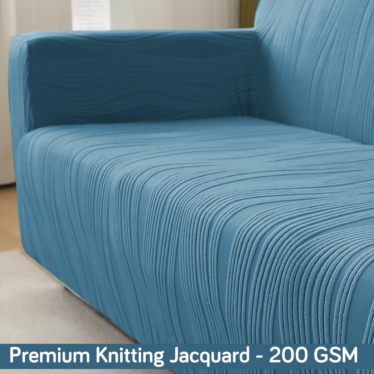 200gsm Knitting Jacquard Sofa Cover 1/2/3/4 Seater Fully Covered, Sea Blue