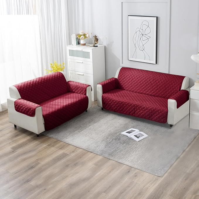 Maroon Polyester quilted 3 2 seater sofa cover