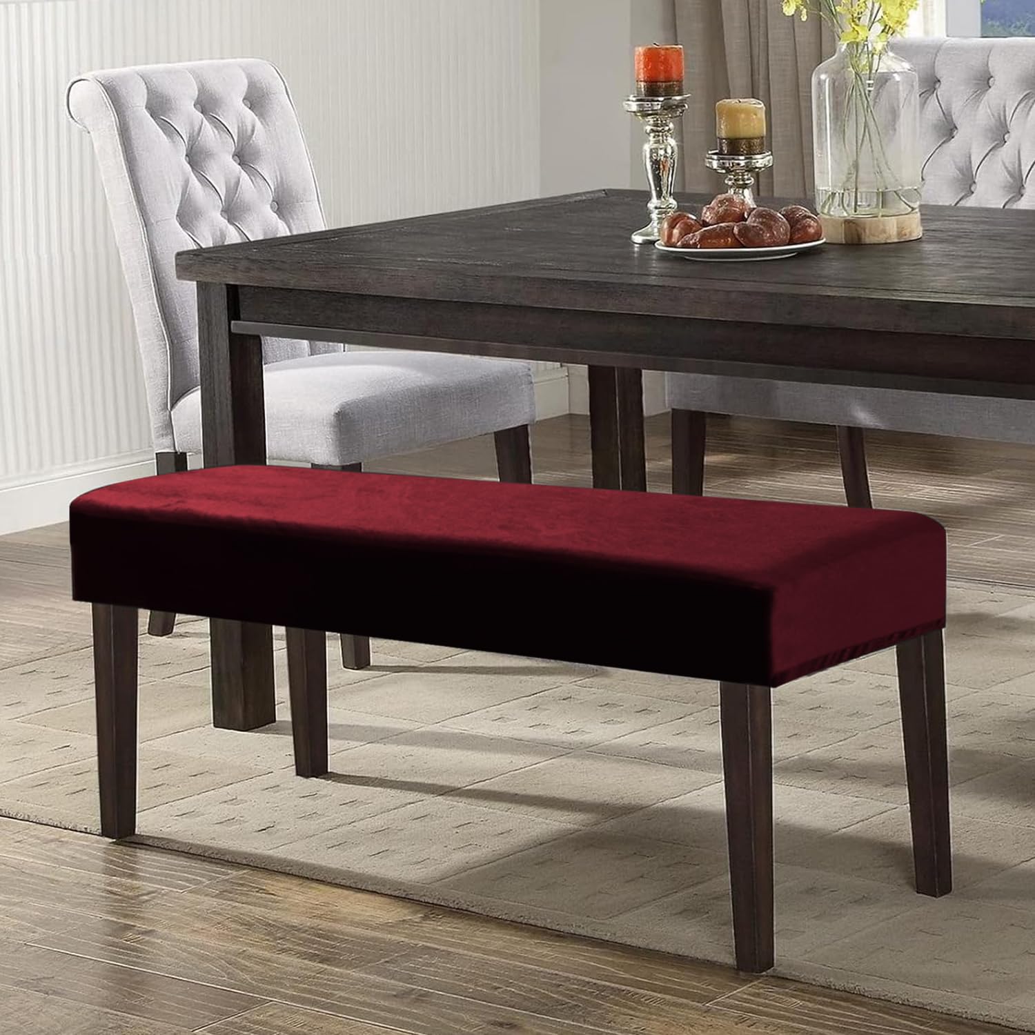 Elastic Fitted Dining Bench Cover, Burgundy