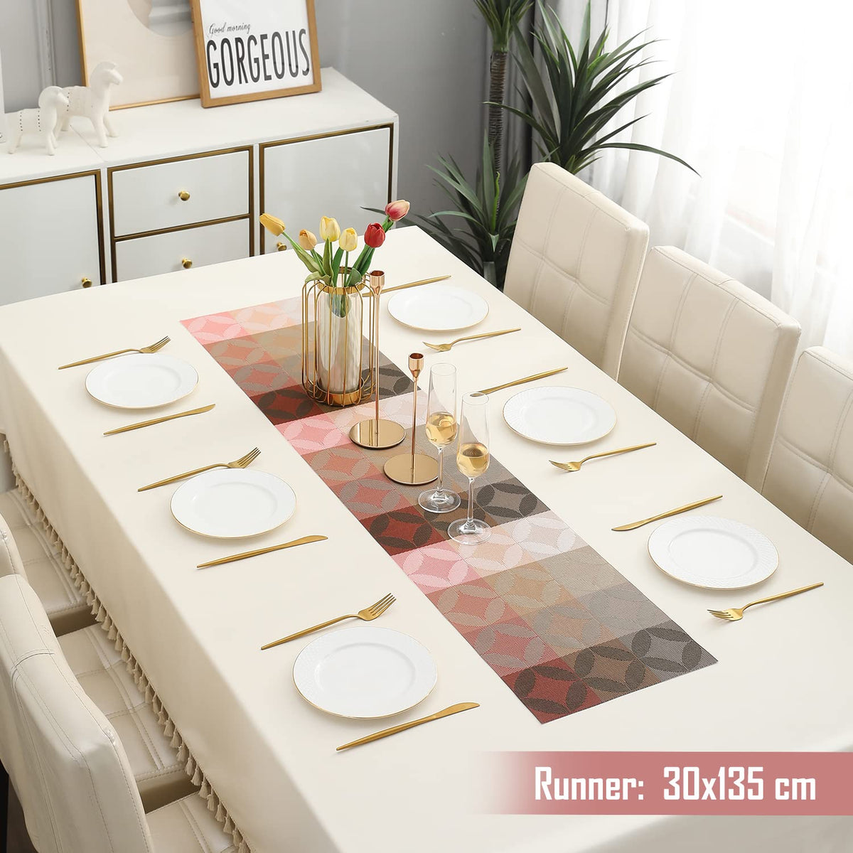 Buy Geometric Red Colour PVC Table Runner for 4 Seater (30x135cm) | HOKIPO