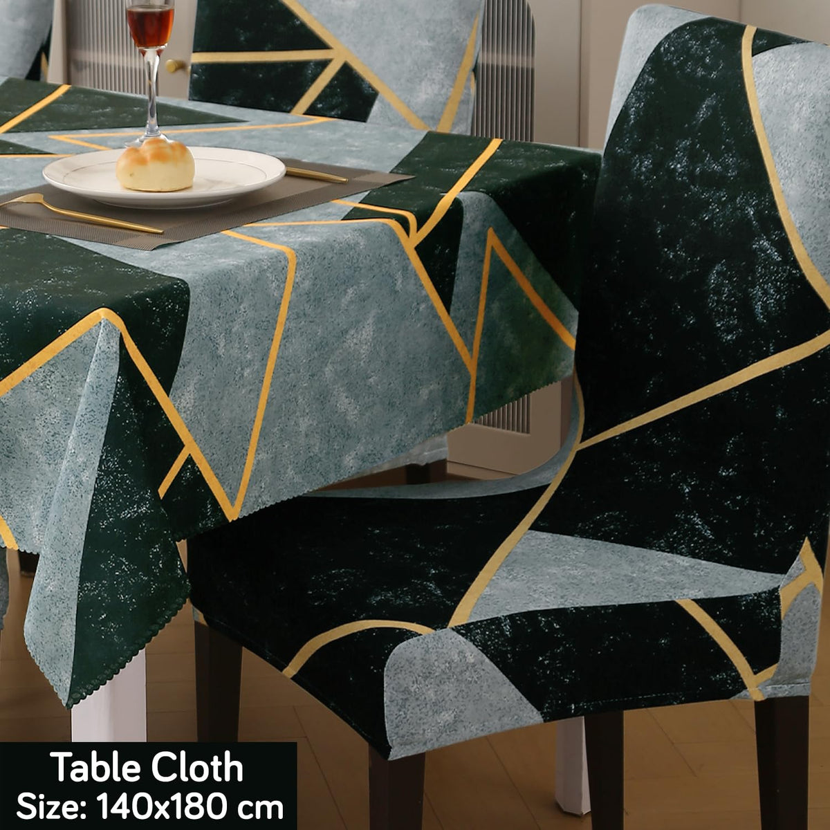 Elastic Dining Chair Covers with Matching Tablecloth, Multicolor Abstract Geometry