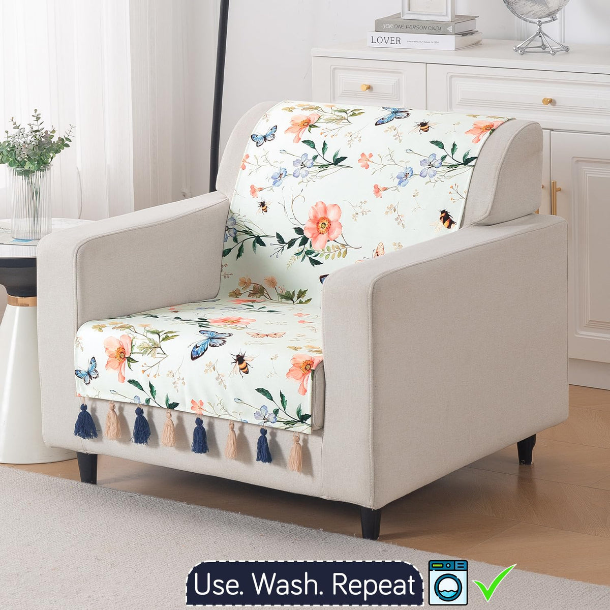 'Whispers of Nature' Series Holland Velvet Sofa Cover with Tassel, Pastel Butterfly Meadow