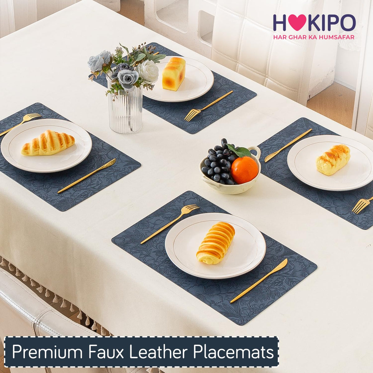Hibiscus Bloom Washable Leather Mats for Dining Table - Navy Blue