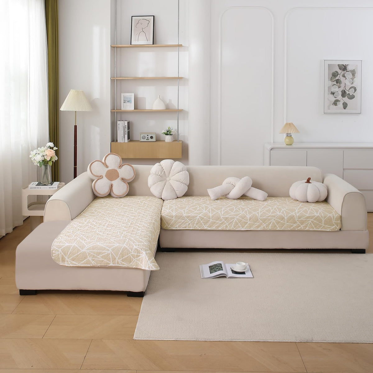 Waterproof Printed Quilted Quick Dry L Shape Sofa Seat Cover Mat, Beige Abstract Geometry