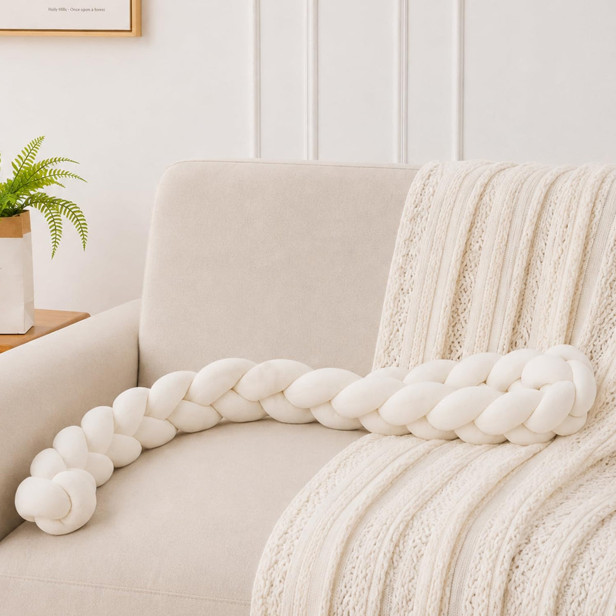 HOKIPO Braided Knot Chain Pillow for Sofa & Bed, 200 cm, White
