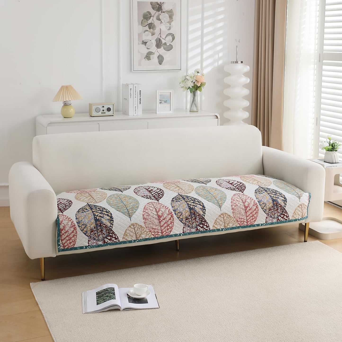 Printed Quilted Sofa Cover Mats, Multicolor Linden Leaf