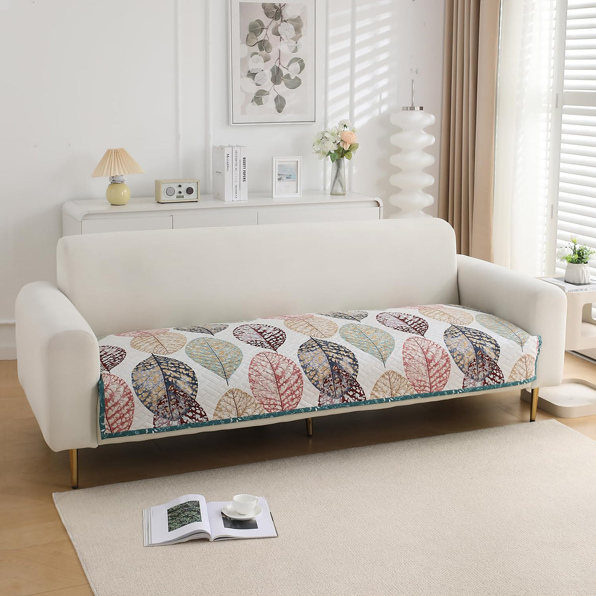 'Homehues' Printed Quilted Sofa Cover Mats, Multicolor Linden Leaf
