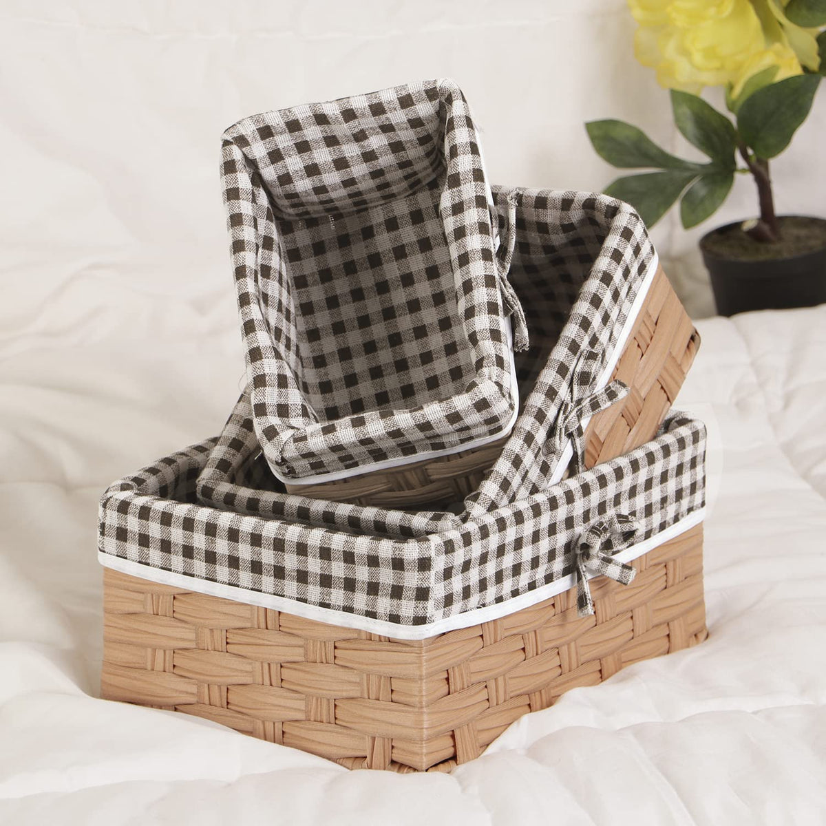 Handwoven Imitation Rattan Wicker Rectangular Basket For Home, Office, Wardrobe. Pack Of 3, Light Brown