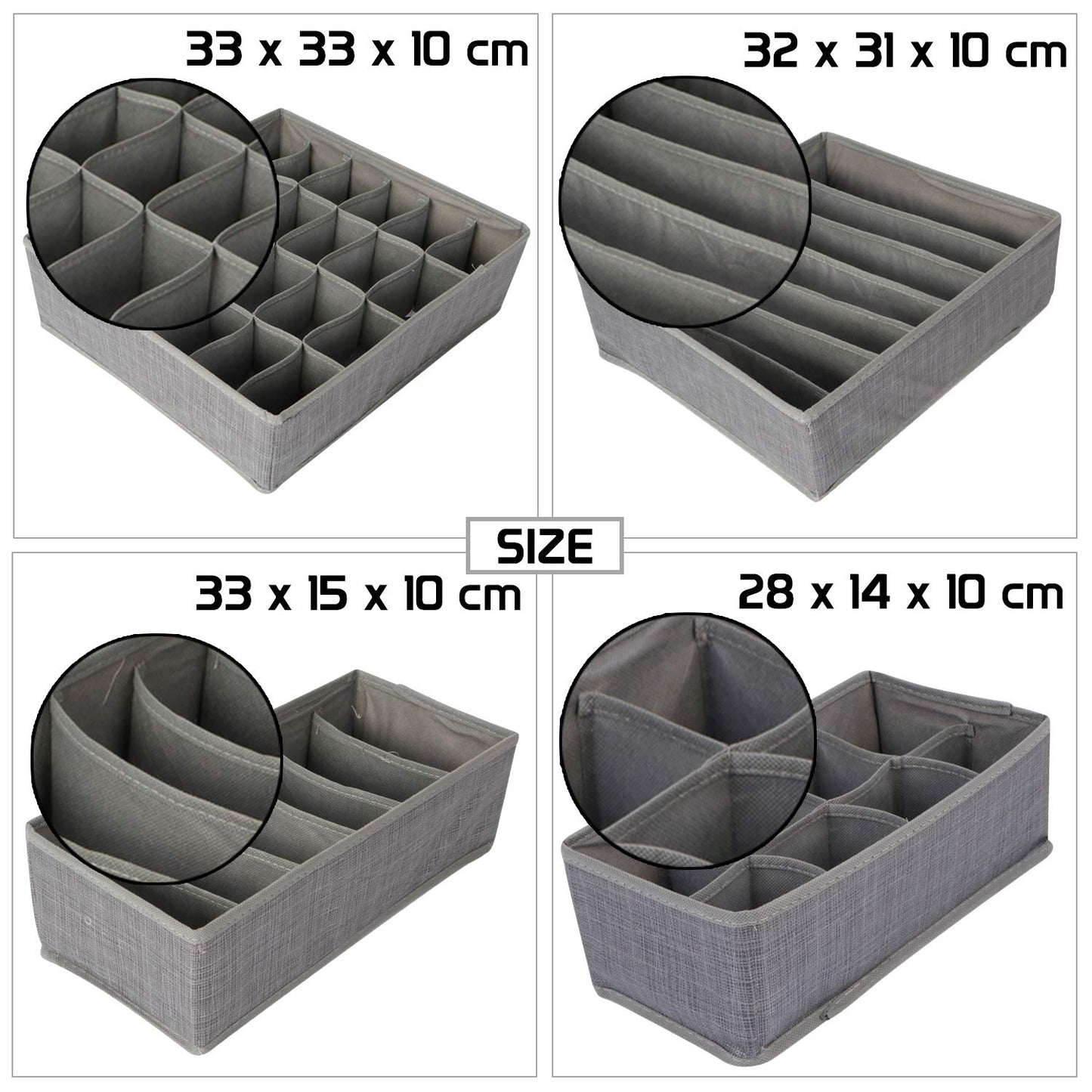 Multi Compartment Undergarments Organiser, Drawer Divider for Underwear, Lingerie, Bras, Socks, Ties, 6/7/ 8/24 Cells, 4 Piece Set, Grey