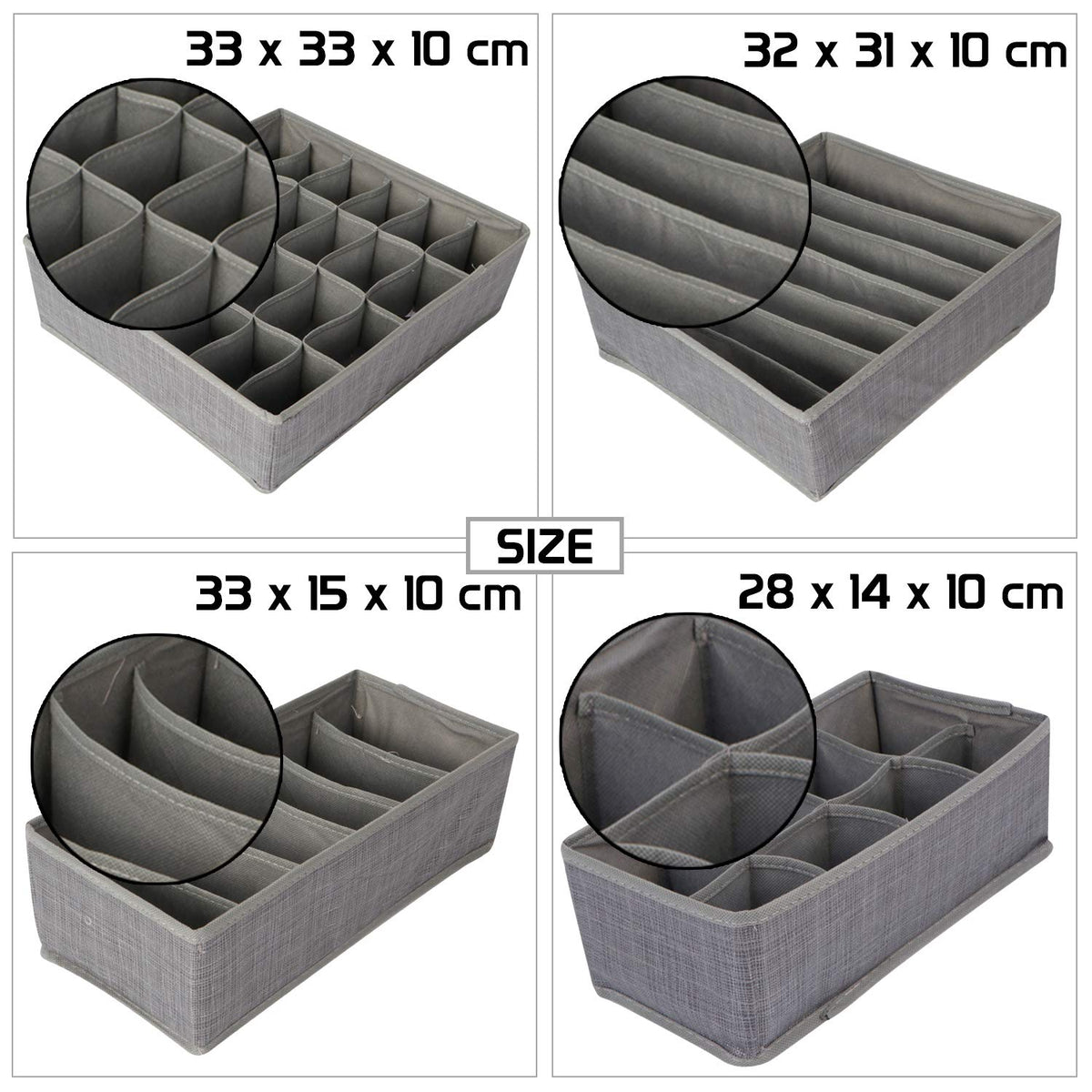 Multi Compartment Undergarments Organiser, Drawer Divider for Underwear, Lingerie, Bras, Socks, Ties, 6/7/ 8/24 Cells, 4 Piece Set, Grey